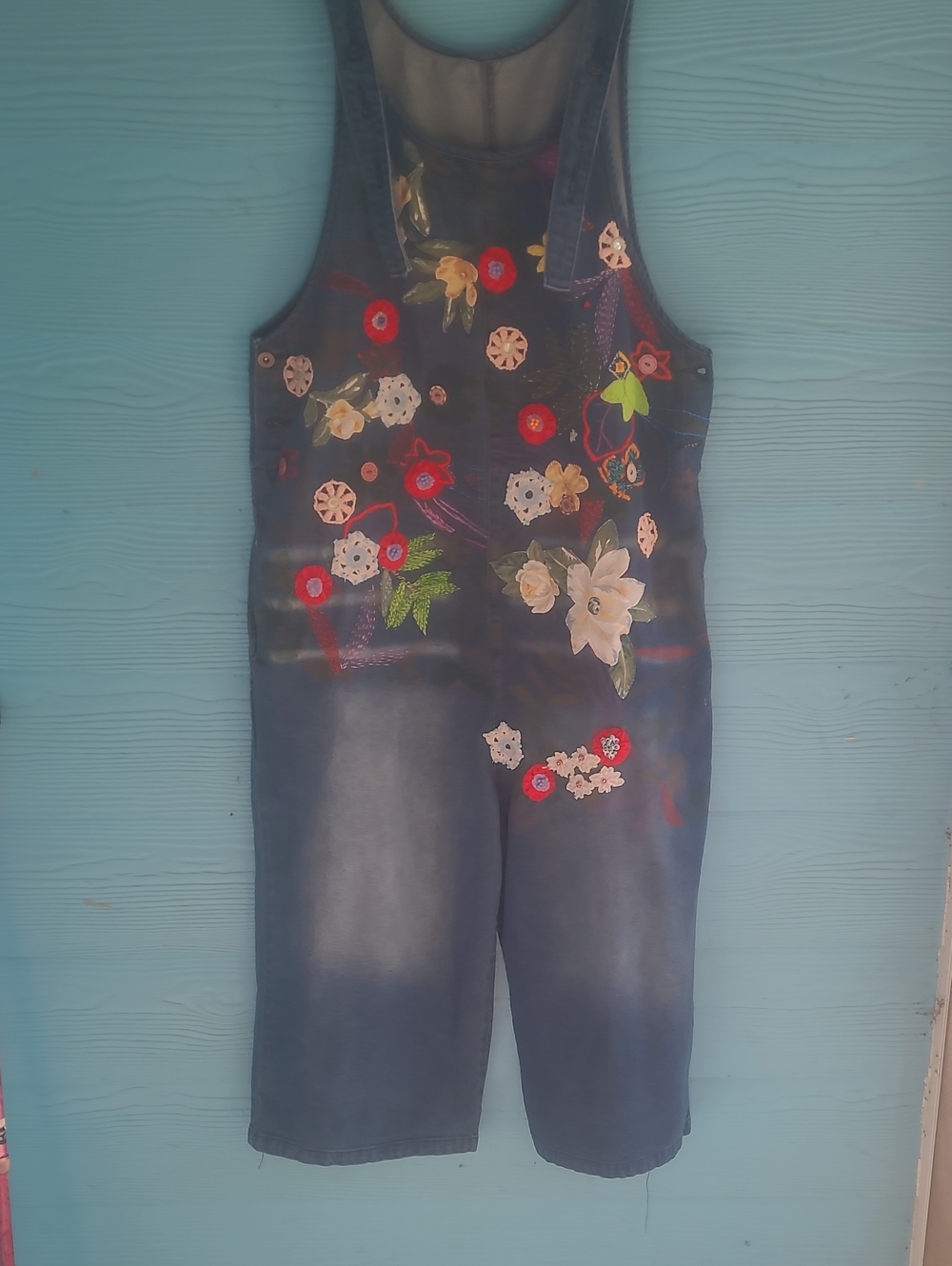 Embroidered Floral Denim Jumpsuit Overalls - Blue